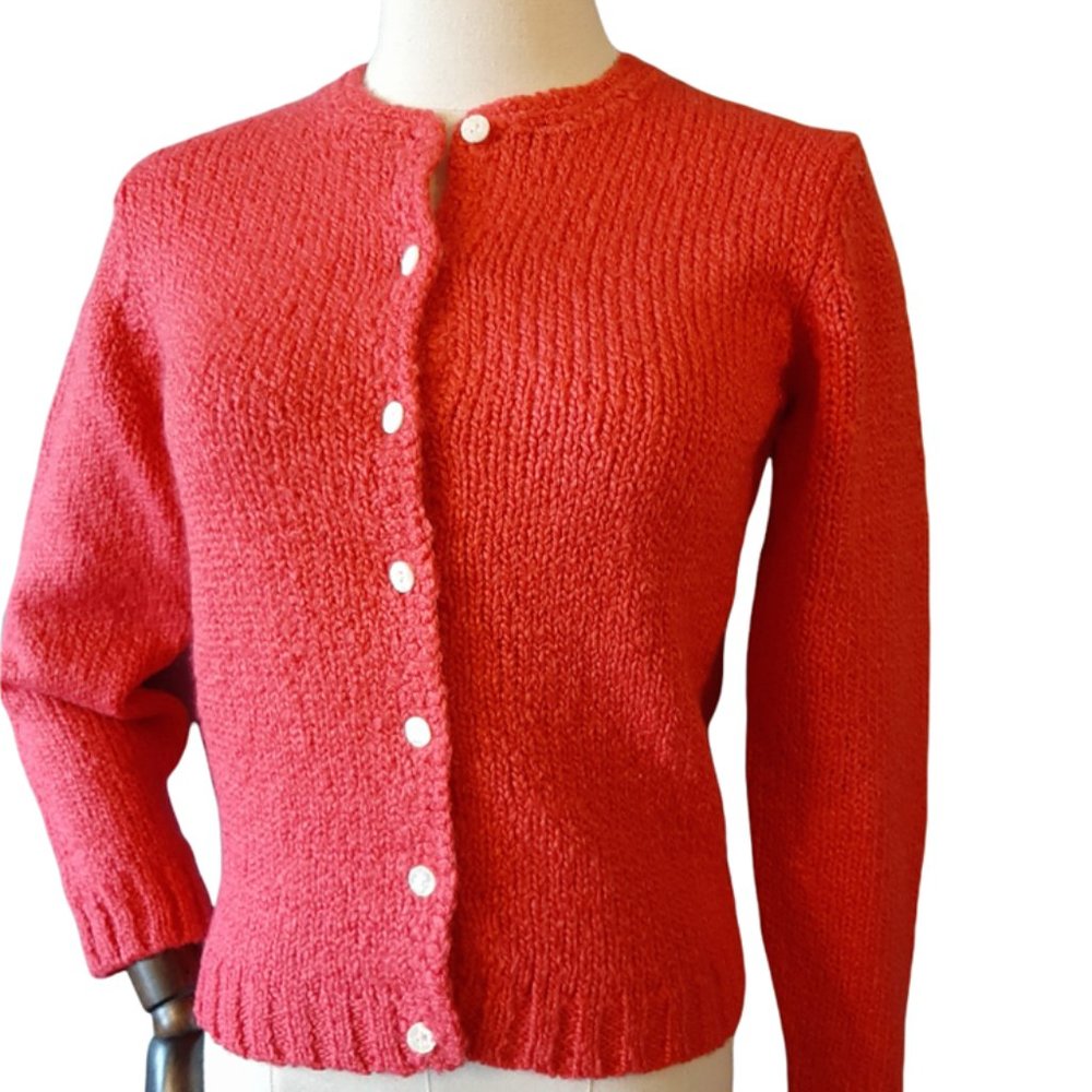 1960s Vintage Rose Red Cardigan Button Front Sweater With Fancy Buttons Small